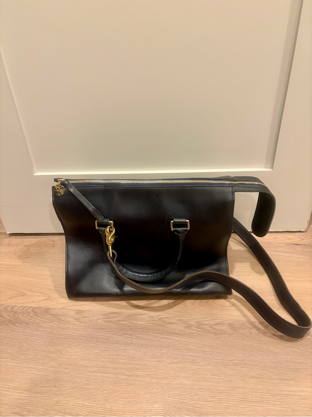 Clare V., Classic Black Leather Satchel with Gold-Tone Hardware